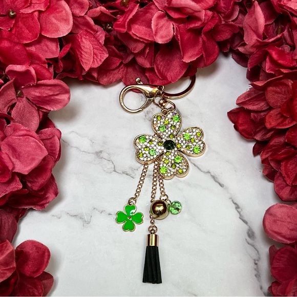 Green & Silver Crystal Four Leaf Clover Keychain with Tassel Charms - Picture 12 of 16